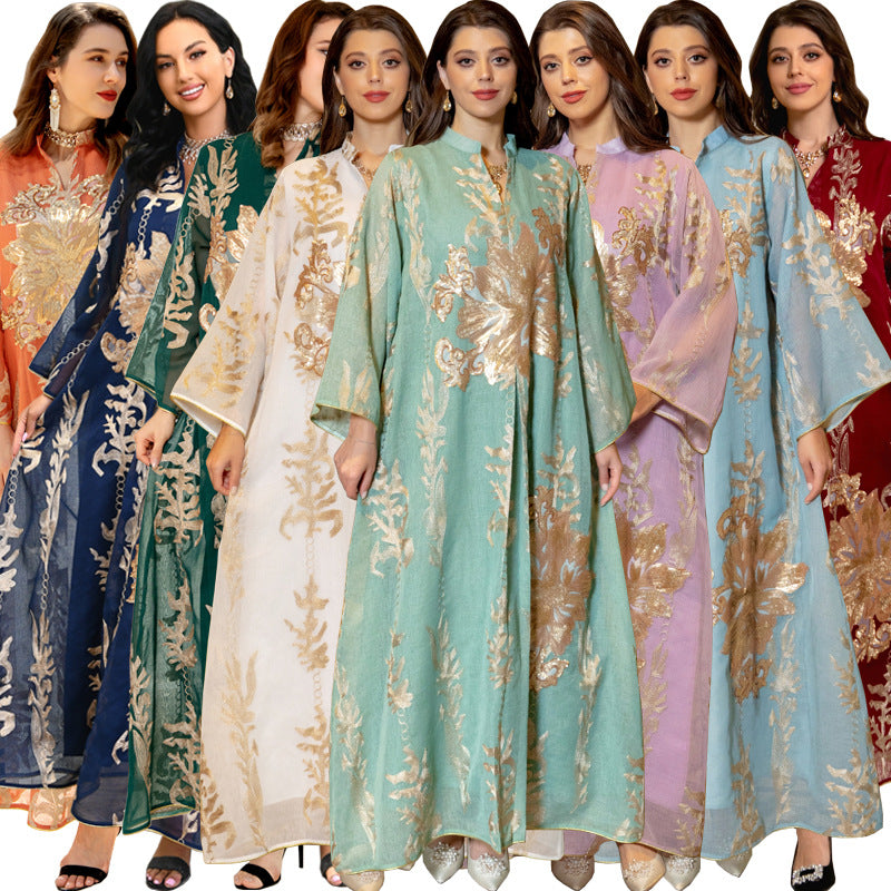 Cross-Border Golden Sequin Embroidered Yarn Women Jalabiya Dubai Arabaya