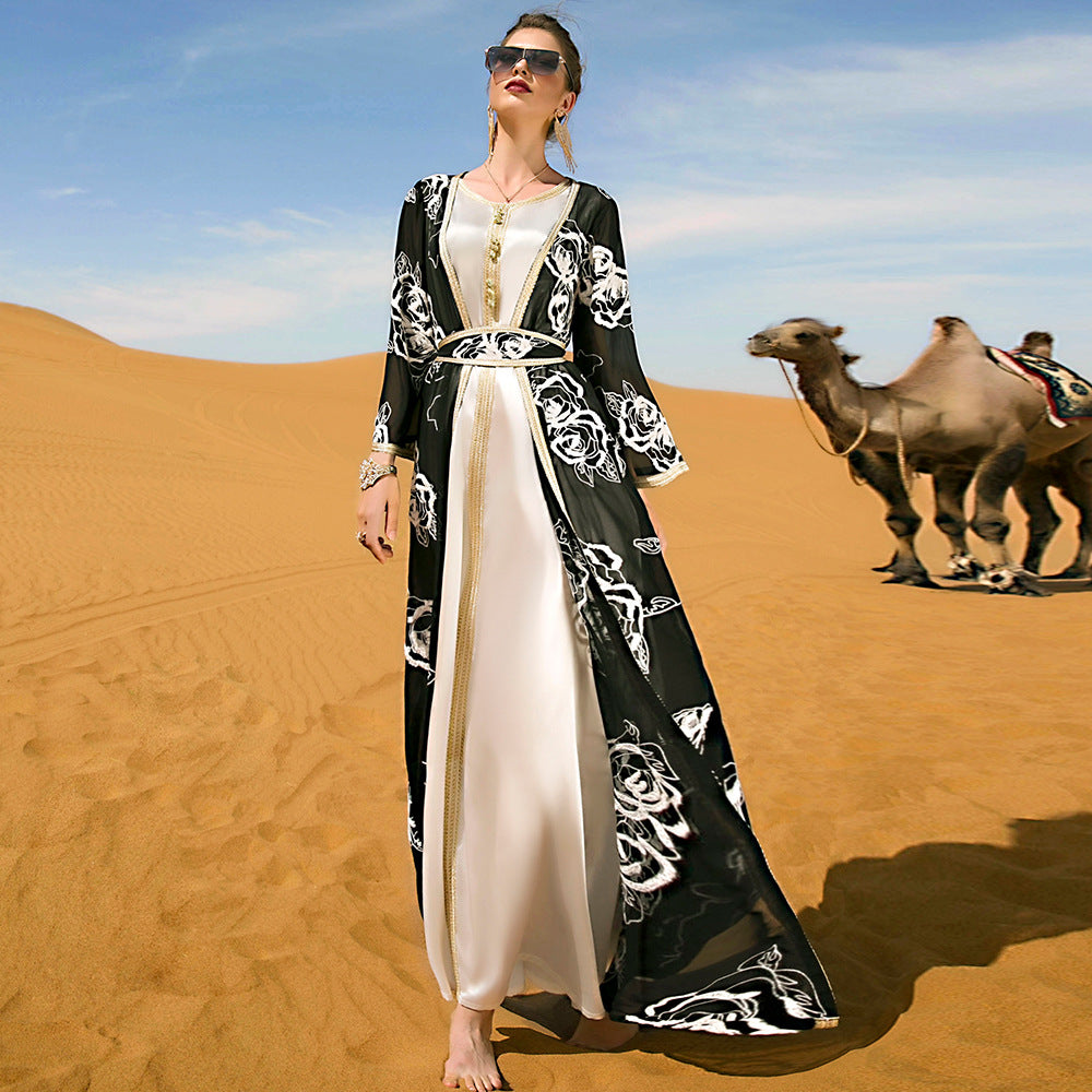 Arabian Black And White Flower Embroidered Two-piece Women&#039;s Long Dress With Belt And Robe