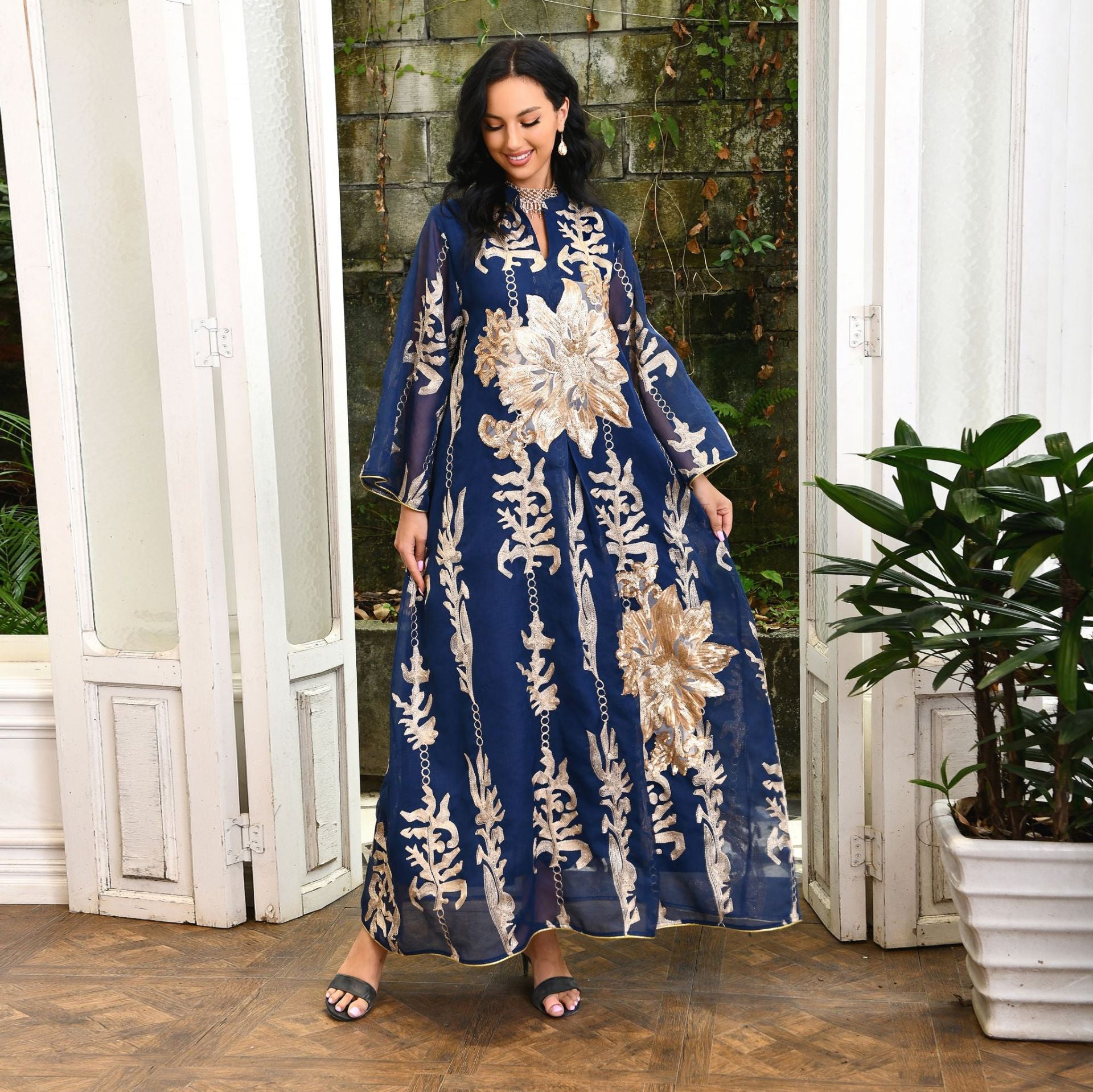 Cross-Border Golden Sequin Embroidered Yarn Women Jalabiya Dubai Arabaya